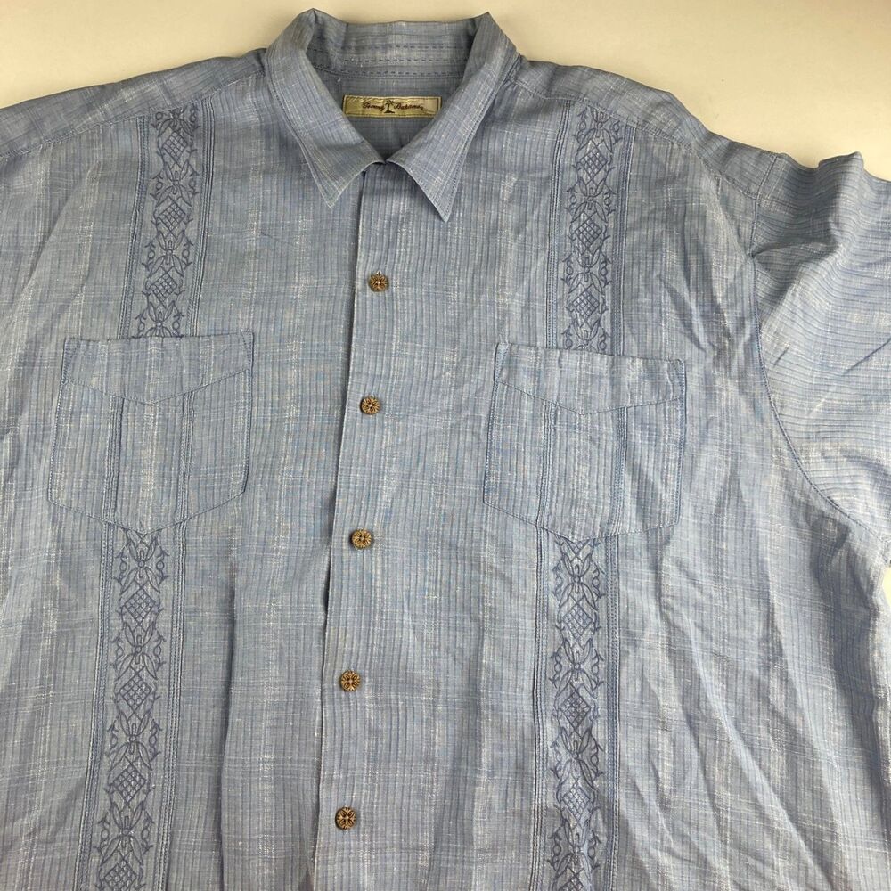 Tommy Bahama Linen Blend Embroidered Camp Shirt Mens XXL Blue